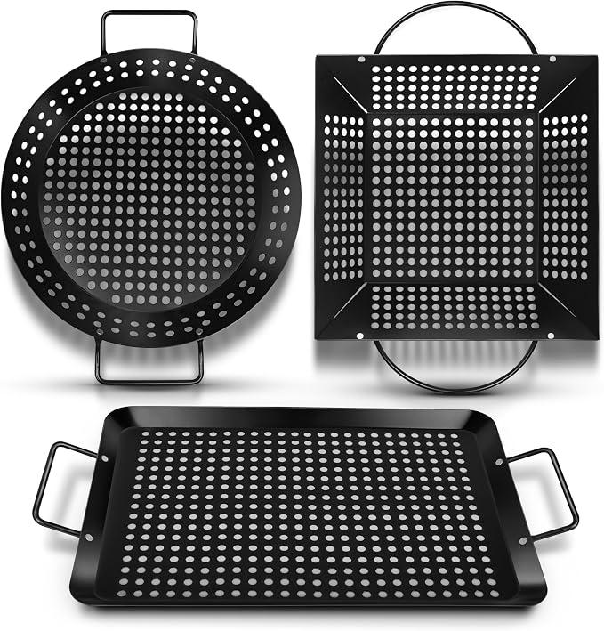 Qetumst 3 Piece Grill Baskets for Outdoor Grill, Vegetable Grilling Pan Set | Heavy duty grilling accessories. Vegetable grill baskets for veggies, seafood & meat. Warp resistant grill pan with handles.