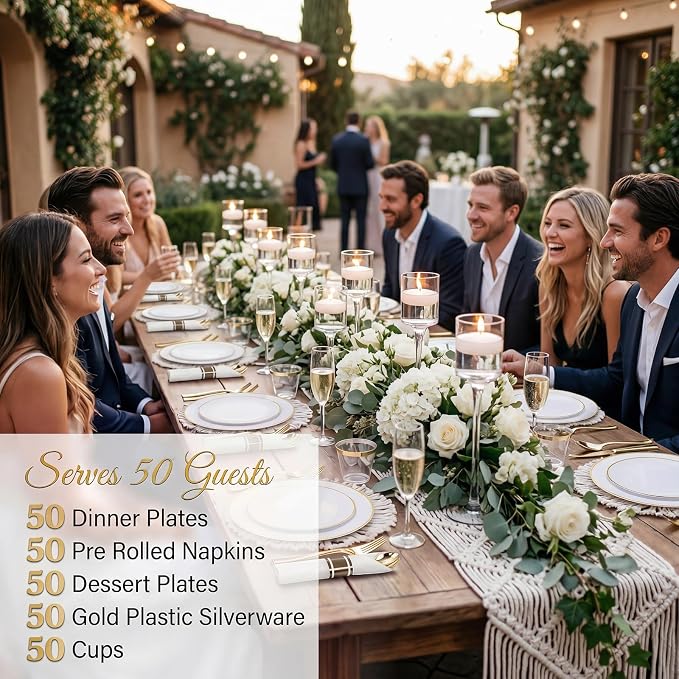 KIRE 350 PCS White and Gold Plates - Plastic Dinnerware Set for Wedding | Include 100PCS White Plastic Plates With Gold Rim, 50PCSPre Rolled Napkins with Silverware & 50PCS Cups for Party