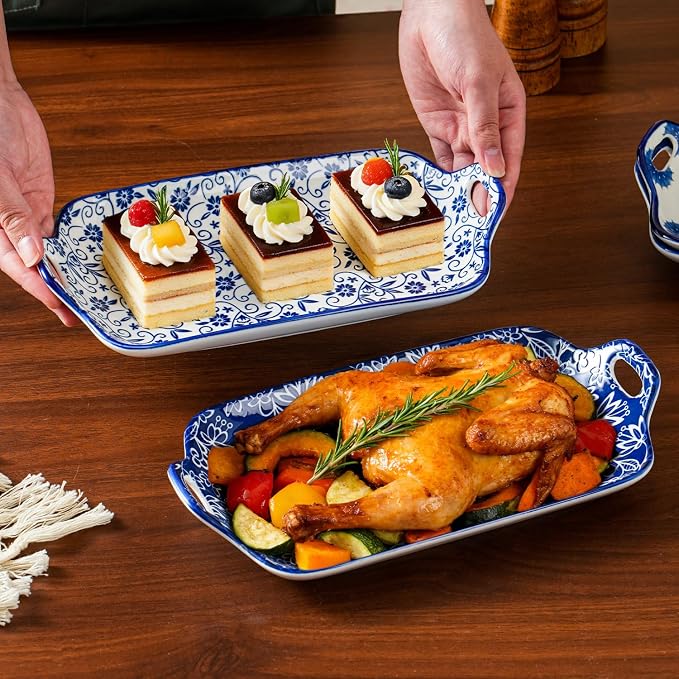 Serving Tray with Handles - 12 Inch Large Ceramic Rectangle Turkey Serving Platter for Food Meat - Porcelain Serving Dish for Entertaining Thanksgiving - Oven Safe - Set of 4 - Vintage Blue