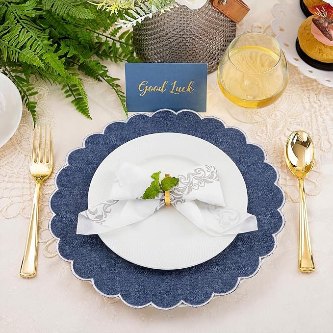 Set of 12 Navy Blue Cotton Placemats 15" Round Scalloped White | Double Layered Cotton Fabric, Washable Embroidery, White Edge Edge, Rustic Table Mats for Wedding Dining Table Decor