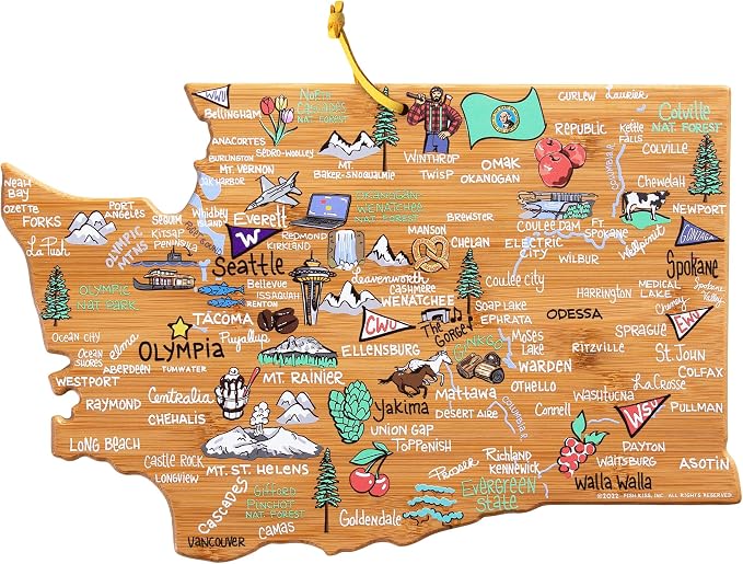 Totally Bamboo Washington State Shaped Cutting Board, Art by Fish Kiss | State charcuterie board with colorful hand-drawn map artwork. Smooth reverse side for food prep. Hang tie for wall display.