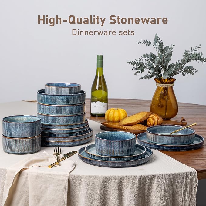 GBHOME Stoneware Dinnerware Sets for 6, 18-Piece Plates and Bowls Set | Handmade Reactive Glaze Ceramic Dish Set, Scratch Resistant, Dishwasher&Microwave Safe,Ceylon Blue