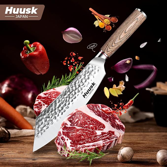 Huusk Japanese Meat Cleaver Knife - 8 Inch Butcher Knife for Meat Cutting | Hand Forged Butcher Cleaver for Meat & Vegetable Cutting, Sharp Kitchen Knife with Pakkawood Handle, Gift Idea for Men Women