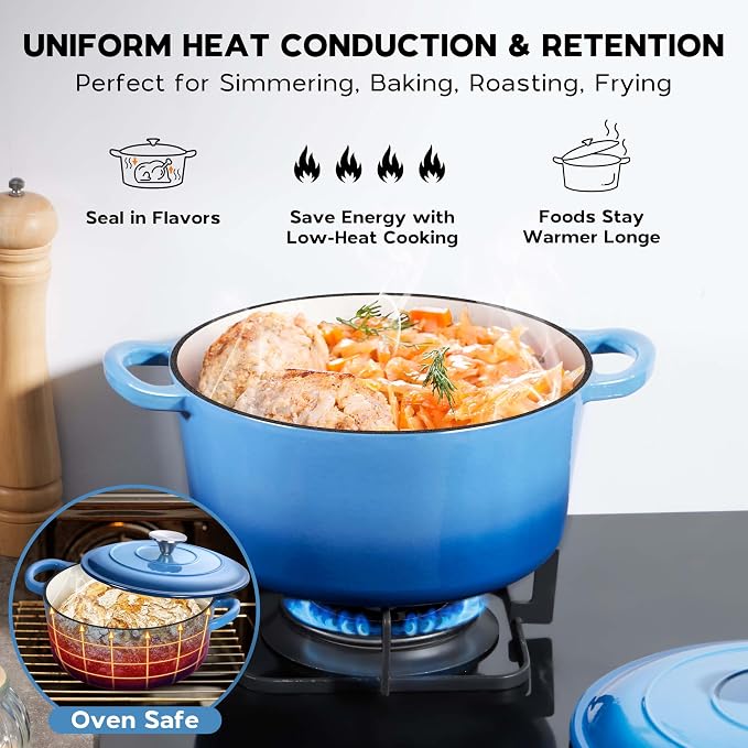 Onader Enameled Cast Iron Dutch Oven Pot with Lid, 5 Quart Round Dutch Oven for Bread Baking, Heavy Duty & Non Toxic - Blue