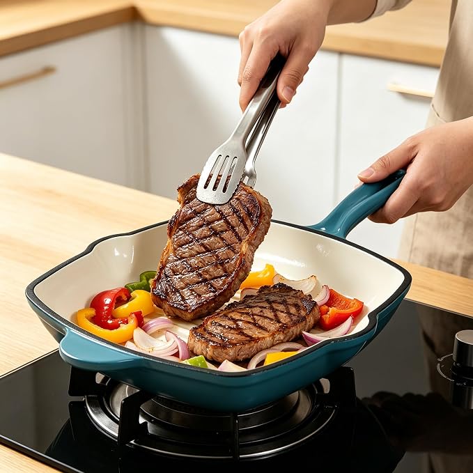 Enameled Cast Iron Steak Grill Pan, Nonstick Square Grilling Pan, Frying Pan (Peacock Blue, 9.5 inch)