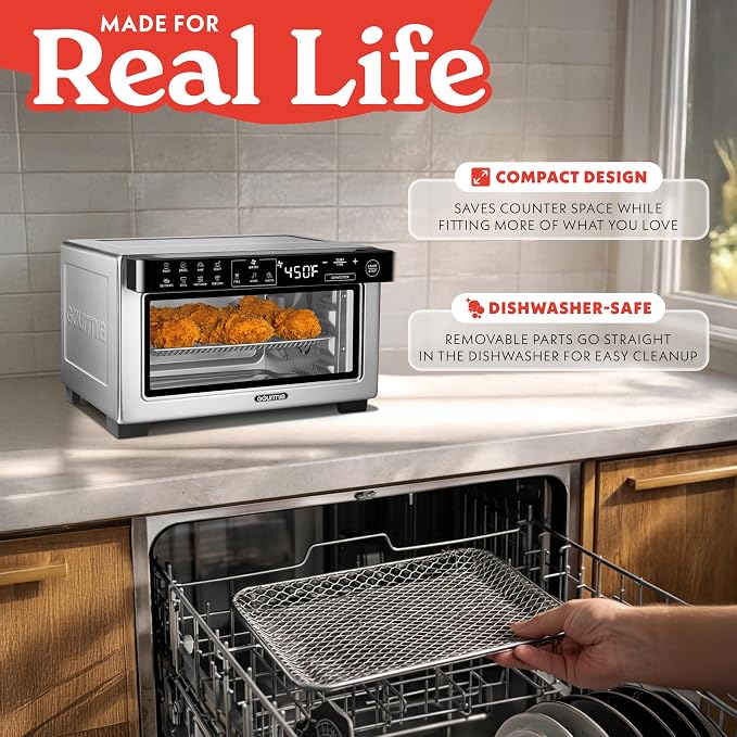 Gourmia Toaster Oven Air Fryer - 4 Slice Capacity, Single Door, Digital Display, Air Fry, Toast & Dehydrate, Convection Cooking, Fits 8” Pizza, 3 Rack Positions, Dishwasher-Safe Trays, Stainless Steel