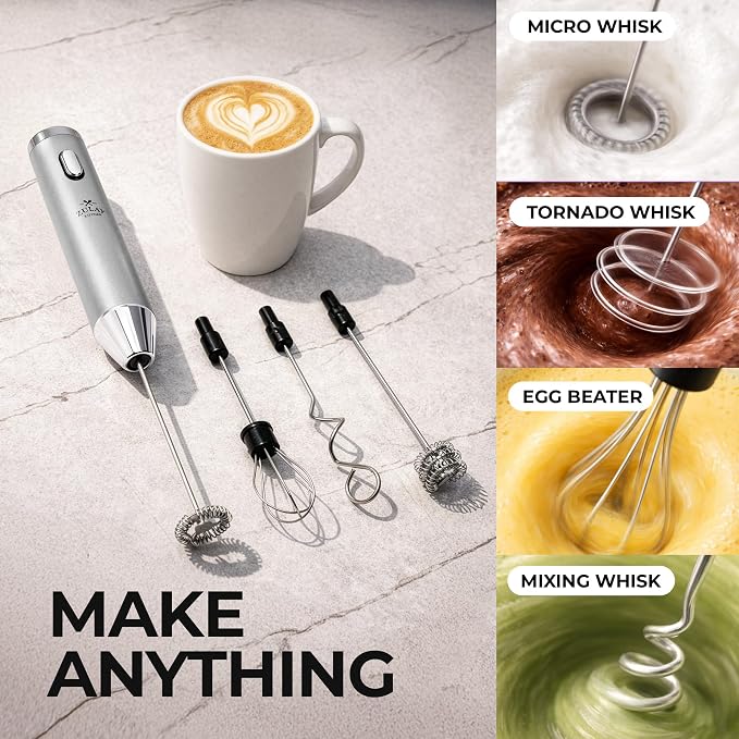 Zulay Kitchen Rechargeable Milk Frother Handheld - Frother Wand, Drink Mixer, Electric Whisk Frother, for Cappuccinos, Matcha & Protein Powder - Ultra Metal 4 Whisk, 1800mAh Silver