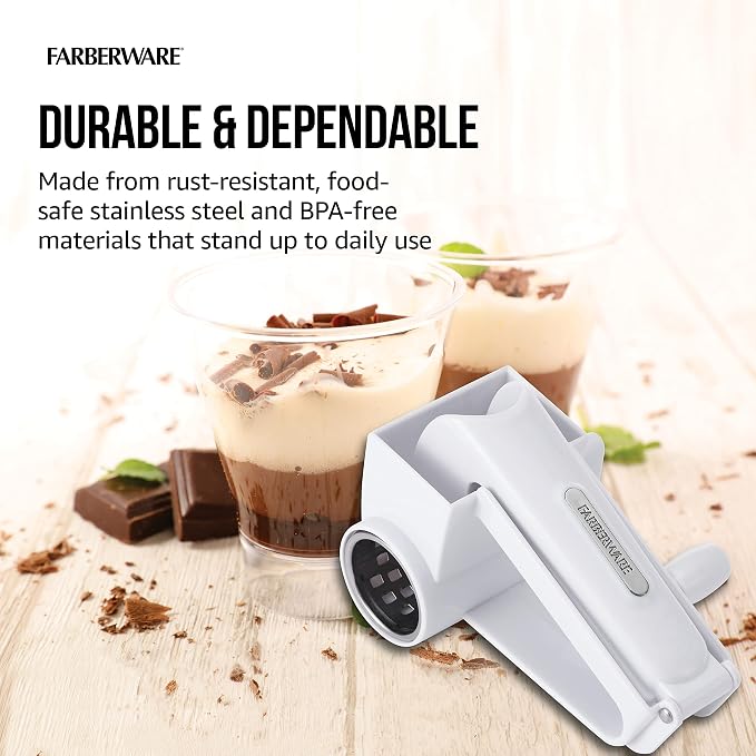 Farberware Pro Rotary Cheese Grater, Hand Crank Parmesan Grater with Stainless Steel Drum, Ergonomic Handle, Dishwasher Safe, White