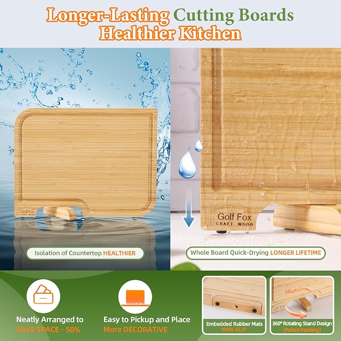 Golffox Wood Cutting Board Set, Bamboo Chopping & Charcuterie for Kitchen | Non Toxic Bamboo Cutting Board with Stand, Built-in Handles, Deep Juice Grooves, for Meat, Vegetables & Fruits, Ready-to-Gift