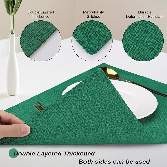Cloth Placemats Set of 6, Cotton Linen Blend Place Mats, Green | Machine Washable, Double Layered, Heat Resistant, Fabric Dining Table Mats for Kitchen, Indoor & Outdoor, 13" x 19"