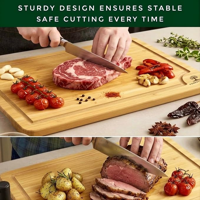 Bamboo Cutting Board for Kitchen, 3-Piece Natural Bamboo Chopping Board with Juice Groove, Built-in Side Handles, Bamboo Butcher Block for Meat, Vegetables, Bread & Fruits