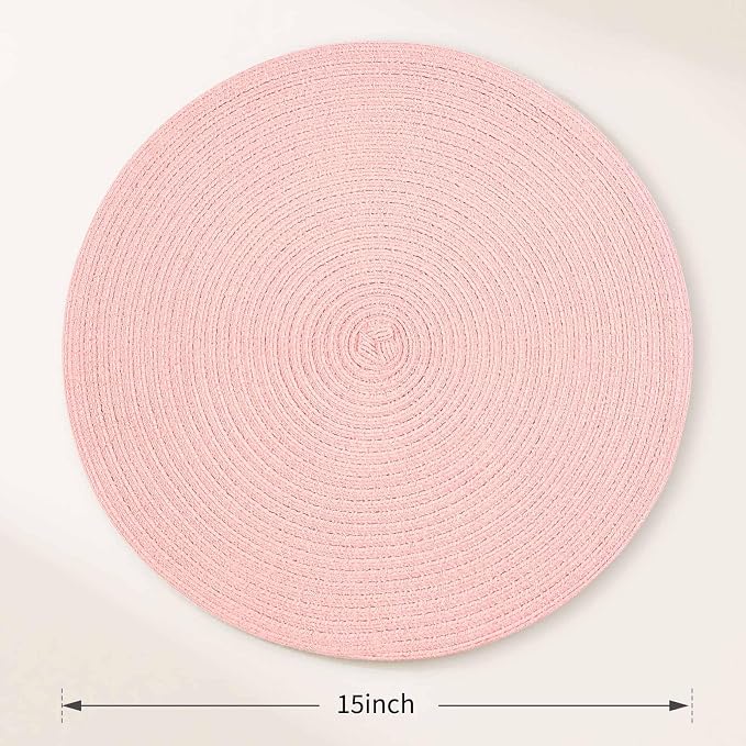FunWheat Round Braided Placemats Set of 4 Place mats for Dining Tables Woven Heat Resistant Table Mats 15 inch (Pink,4pcs)