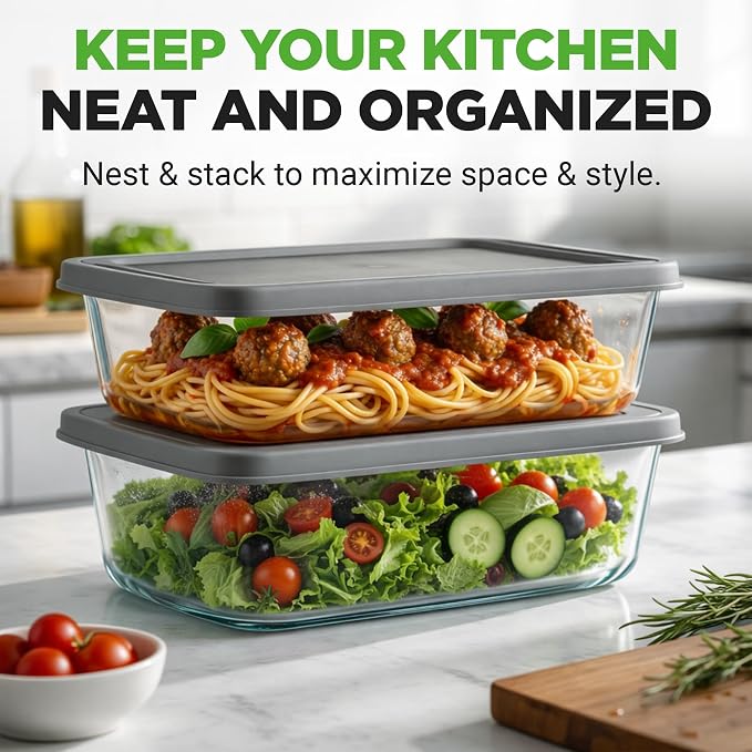 NutriChef 4 Piece Glass Loaf Pan Set with Lids - Stackable 1.9 QT/62oz Glass Bread Baking Dishes - 2 Food Storage Containers + 2 Airtight Lids, Oven & Microwave Safe, Dishwasher Safe - Clear