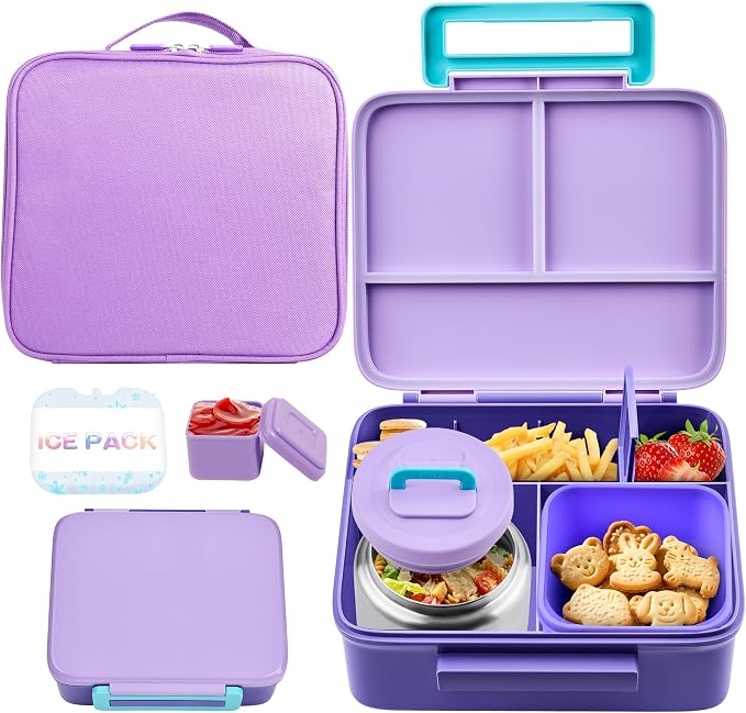 Bento Lunch Box for Kids with Thermo, Leakproof Bento Box with 8oz Insulated Food Jar, Lunch Bag, BPA Free Dishwasher Safe 4 Compartment Container for School Girls Boys (Purple)