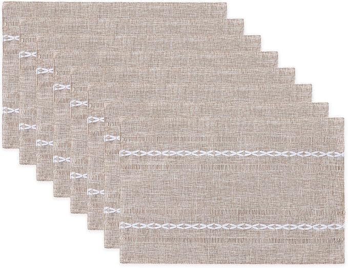 Wracra Cotton Linen Place Mats, Brown Embroidered Placemats Set of 8 | Placemats 12 x 18 Inch; Cotton Linen Woven Fabric; Heat Resistant Table Mats; Raised Embroidered Hollow Design