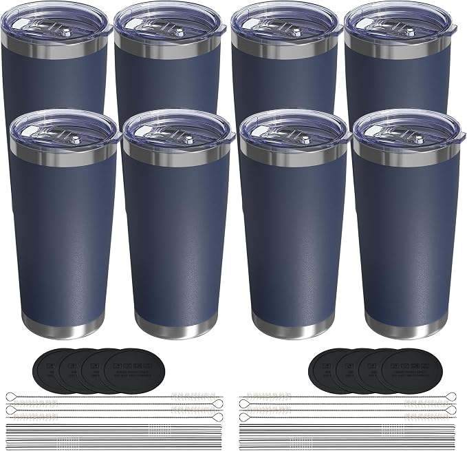 20oz Travel Coffee Tumbler 8 Pack, Lids and Straws, Stainless Steel | Double Wall Vacuum Insulated Tumbler, Coffee Mug for Hot & Cold Drinks, Fits Most Car Cup Holders, Navy Blue