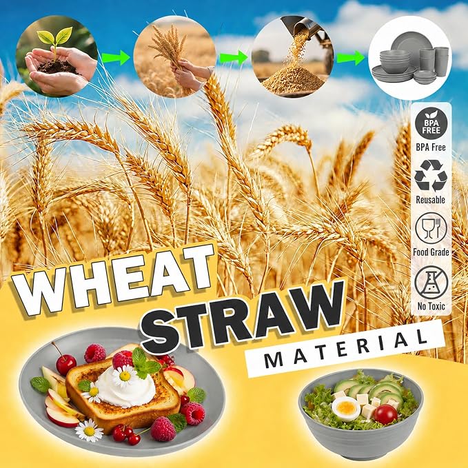 Kids Wheat Straw Dinnerware Sets for 4, 16 Piece Unbreakable Dinnerware Set, Kids Plates and Bowls Sets, Kitchen Plates and Bowls Set, Lightweight Dish Set for Party, Camping，RV - Grey