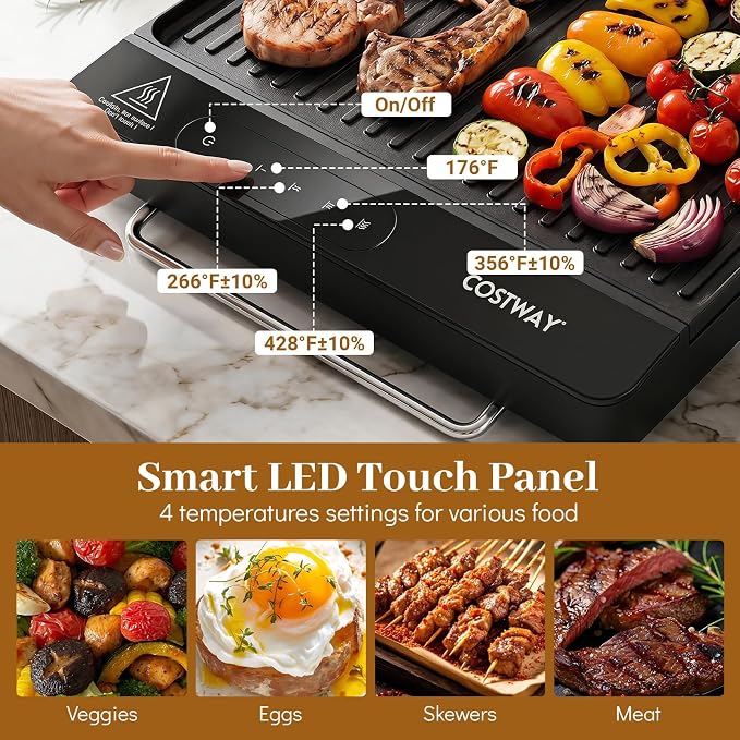 COSTWAY Electric Grill w/Removable Touch Panel, 1300W Indoor Griddle w/Adjustable Temperature, Fast Even Heating, Cool-Touch Handles & Foldable Legs, Dishwasher Safe IPX9 Waterproof Nonstick Plate