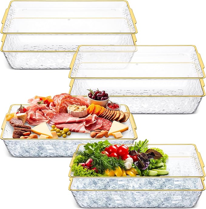 4 Set 16" x 9" Chilled Serving Tray with Compartments,Gold Rim | Ice Chilled Party Platter, Charcuterie Serving Board, Cold Dish Dip Tray for Fruit, Seafood, Vegetable, Appetizer