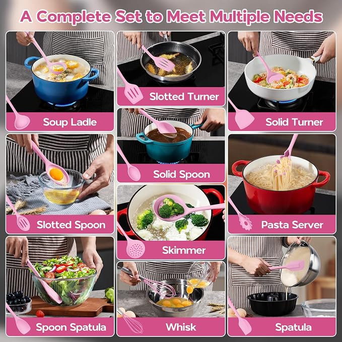 Onader Silicone Cooking Utensils Set, 10 Pieces Kitchen Utensils Set, Pink Kitchen Gadgets Tools Kit for Nonstick Cookware