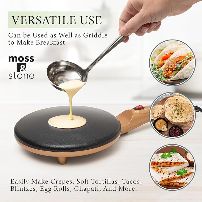 Moss & Stone Gold Electric Crepe Maker, 8" Portable Nonstick Crepe Pan | Nonstick dipping plate, auto shut-off, on/off switch, even heating, automatic temperature control, compact design
