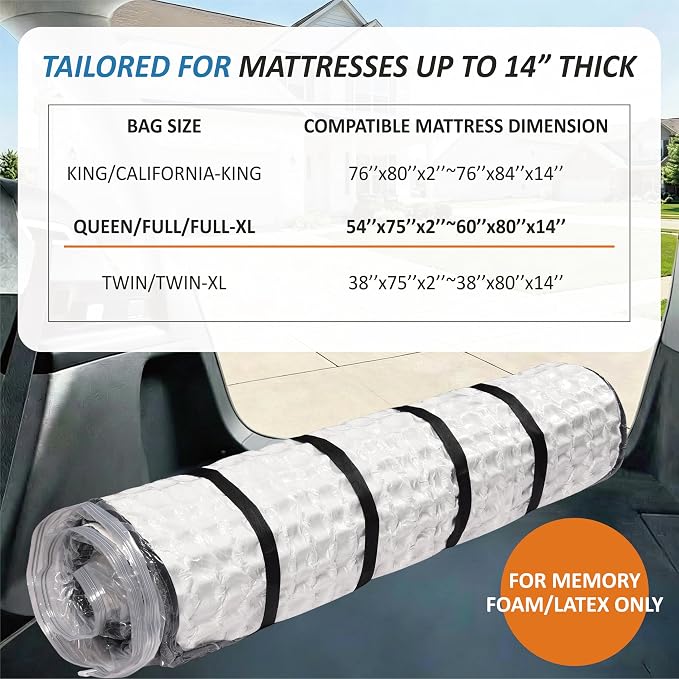 Foam Mattress Vacuum Bag with 4 Adjustable Packing Straps for Moving, Storage, Shipping, Vacuum Seal Mattress Bag with Packaging Straps (Queen/Full/Full-XL)