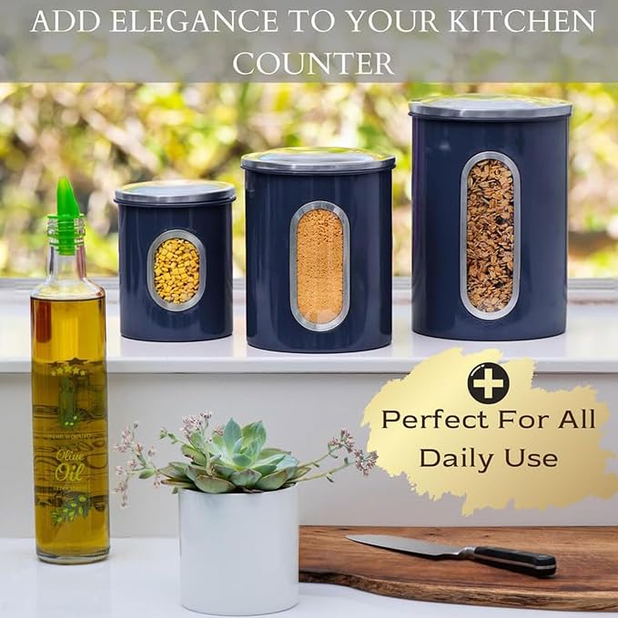 Mixpresso 3-Pcs Blue Canisters Set for Kitchen Storage Airtight Jars | See-through window, coffee container, tea organizer, sugar canister, 3 nesting sizes, counter decor, easy press-on lids