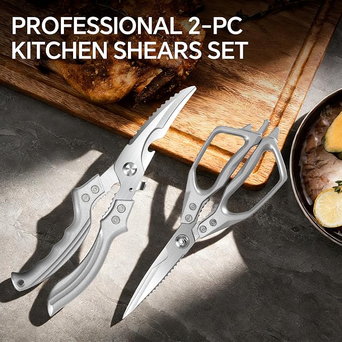 2PCS Kitchen Shears Set Multi-Purpose Kitchen Scissors for Food Heavy Duty | Culinary Chef Scissors for Chicken Meat Vegetables Herbs Scaling Fish, Good Grips, Professional Poultry Shears, Silver