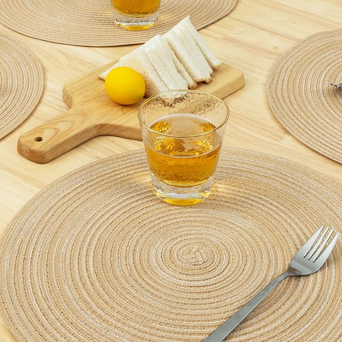 Winknowl Round Braided Placemats Set of 4 Washable Woven Heat Resistant Table Mats for Kitchen Dining Tables 15 inch Round Place Mats (Beige,4)
