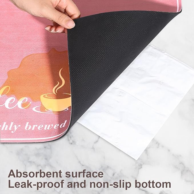 CooRug Fashion Coffee Mat, Dish Drying Mat 17" x 32" Pink | Hide Stain, Absorbent, Coffee Bar Accessories, Heat Resistant, Non-slip, Eco-friendly, Easy to Clean