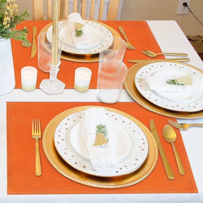 Orange Fall Placemats Set of 6, 12x18 Inch Washable Easy to Clean Heat-Resistant Anti-Skid Indoor Outdoor Table Mats for Holiday Party Kitchen Dining Room Decoration