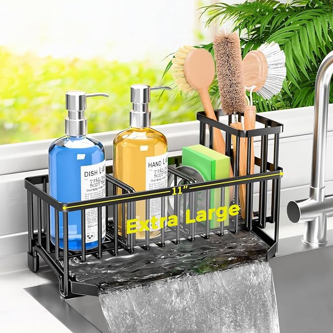 TomCare Kitchen Sink Caddy, 11-Inch Sponge Holder with Drain Tray | 2 Adjustable Dividers and Tall Brush Holder Create Flexible Storage for Sponges and Kitchen Counter Accessories