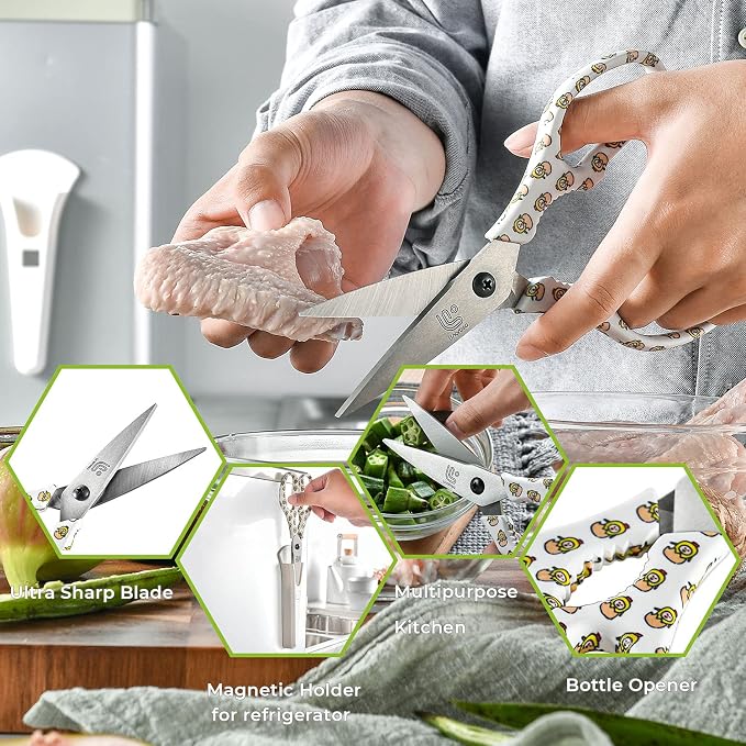 Kitchen Scissors Heavy Duty Kitchen Shears with Magnetic Holder Made with Japanese Steel 4034, Multipurpose Ultra Sharp Cooking Scissors for Meat/Vegetables/BBQ/Herbs/Pizza (Graphic,Chick)