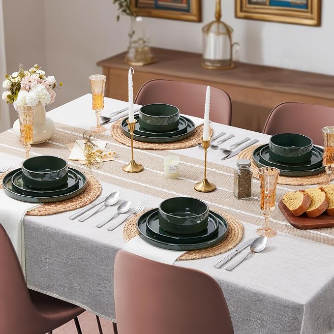 LIANYU Dinnerware Dishes Sets for 8, 24 Piece Plates and Bowls Dishware | Stoneware Modern Tableware Includes Ceramic Dinner Salad Plates, Cereal Bowls, Chip & Scratch Resistant, Hunter Green