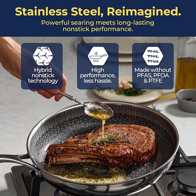12 Inch Hybrid Nonstick Frying Pan with Lid, Tri-Ply Stainless Steel Pan with Non-Toxic Ceramic Coating, FDA Compliant & PFAS-Free, Dishwasher & Oven Safe, Induction & All Cooktops Compatible