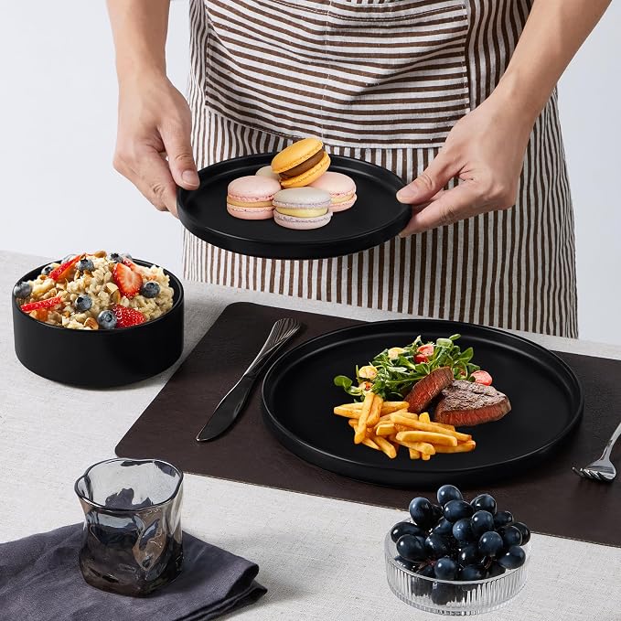 E-far Black Dinnerware Sets with Pasta Bowls, 24-Piece, Matte Black | Stoneware Plates and Bowls Sets for 6, Chip and Scratch Resistant, Microwave & Dishwasher Safe Kitchen Modern Dish Set