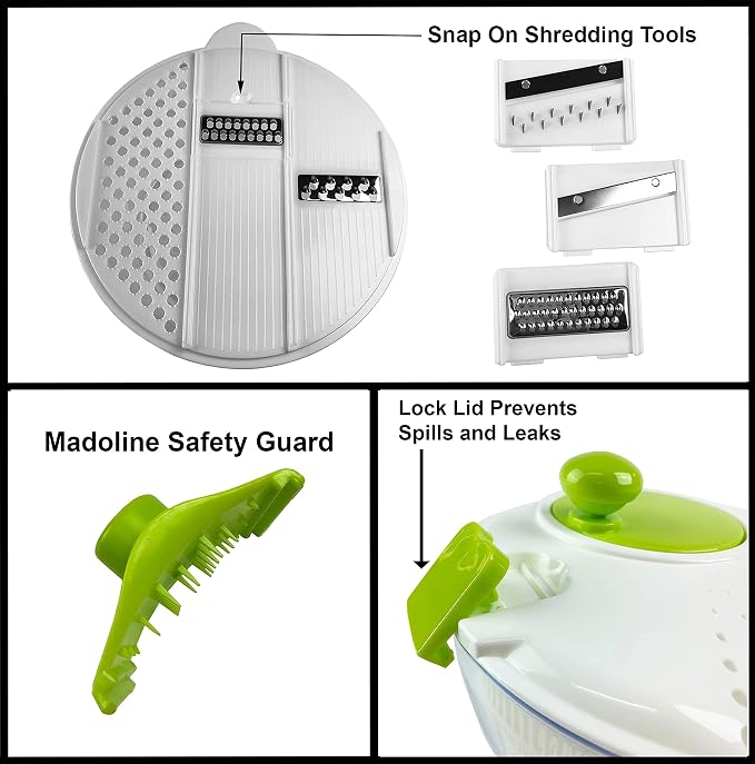 HUJI Salad Spinner and Mandoline Multifunctional Set, Vegetable Dryer With 6 Blades and Pouring Spout - 4L (2PK)