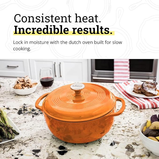Lodge Essential Enamel Cast Iron Dutch Oven 6 Quarts - Perfect for Bread Baking, Braising, Marinating & Slow Cooking, Features Moisture-Sealing Lid & Dual Handles, Kitchen Essentials, Apricot