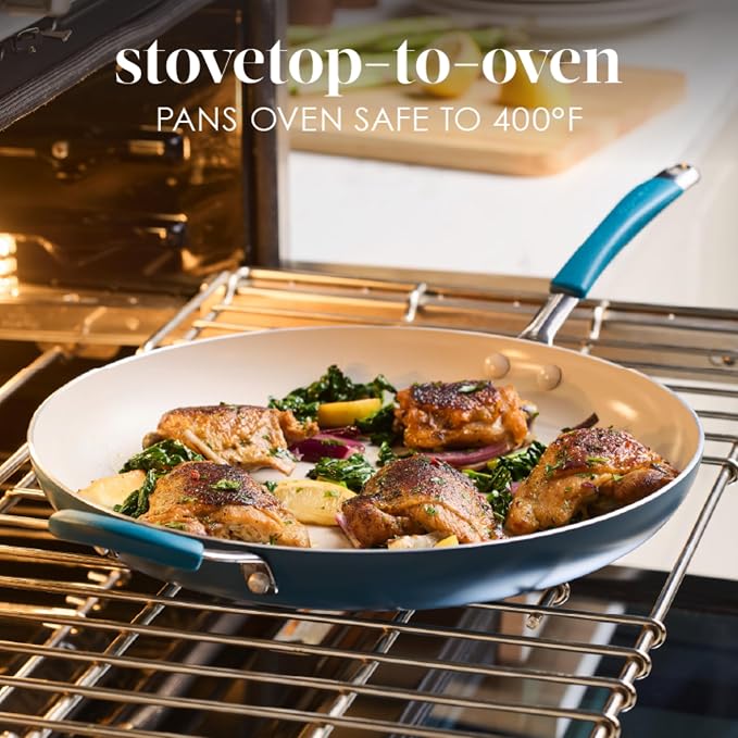 Rachael Ray Cucina Ceramic Nonstick Frying Pan/Skillet, Dishwasher Safe, 14 Inch Open Fry Pan - Marine Blue
