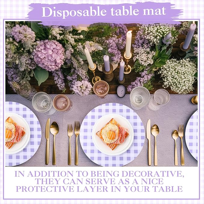 Funnymoom 60 Pcs Purple and White Gingham Disposable Paper Placemats Round Table Place Mat Summer Checkered Decorative Paper for Baby Shower Wedding Birthday Party Dinner Table Decor