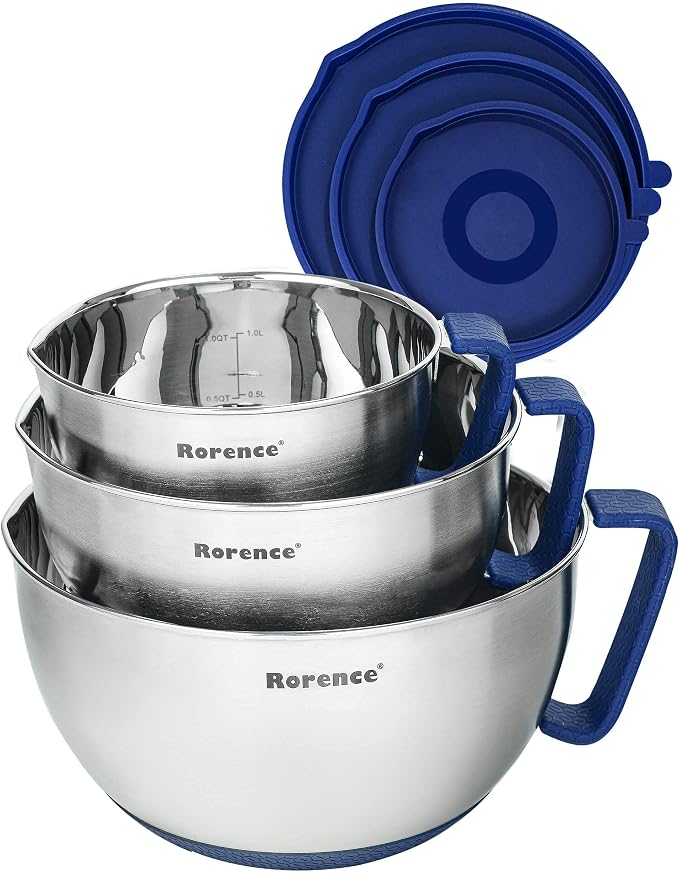 Stainless Steel Mixing Bowls Set with Lids,1.5,3 & 5 Qt,Blue | Non-Slip Silicone Base,Precision Pour Spout,Ergonomic Easy-Grip Handle,Measurement Marks,Airtight Lids,Cooking & Meal Prep