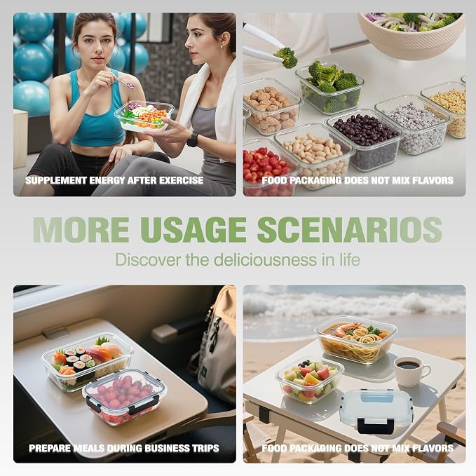 10-Pack Glass Food Storage Containers with lids, Black | Glass Food Storage Container Set with Snap Airtight Lids, Microwave Oven Freezer Dishwasher Safe, BPA-Free