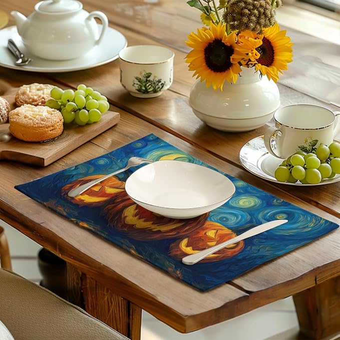 Halloween Placemats Set of 4 Pumpkin Vincent Van Gogh Starry Night Art Linen Table Mats 12x18 Inch Jack O Lantern Farmhouse Place Mats for Party Kitchen Dining Outdoor Indoor Decor