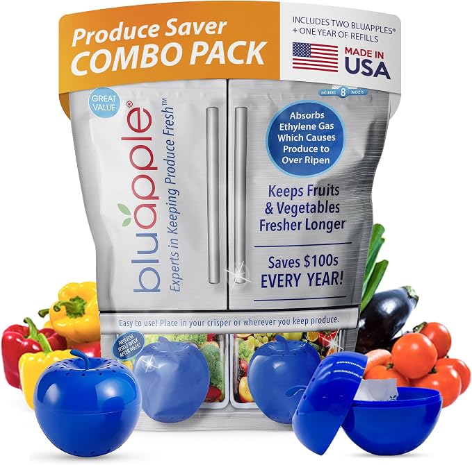 BluApple Produce Saver Ethylene Gas Absorber - Fresh Fruit & Vegetable Storage for Refrigerator, Each Packet Lasts 3 Months, Produce Storage, BPA Free - Combo Pack (8 Packets & 2 for 1 Year)