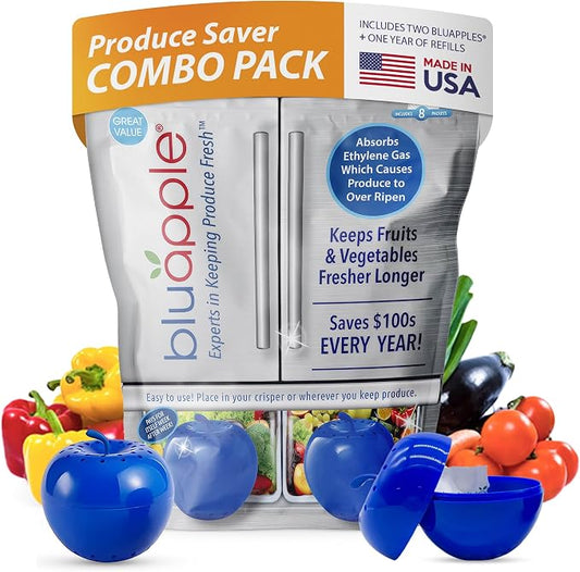 BluApple Produce Saver Ethylene Gas Absorber - Fresh Fruit & Vegetable Storage for Refrigerator, Each Packet Lasts 3 Months, Produce Storage, BPA Free - Combo Pack (8 Packets & 2 for 1 Year)