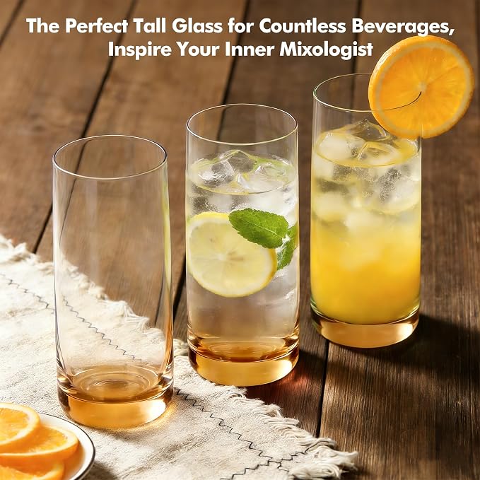 Amber Highball Glasses Set of 6, Drinking Glass for Mixed Drink | 13oz ,Cups for Cocktail, Beer, Mojito, Water and Juice,Thick Tall Glassware for Kitchen, Restaurant, Home Bar and Parties