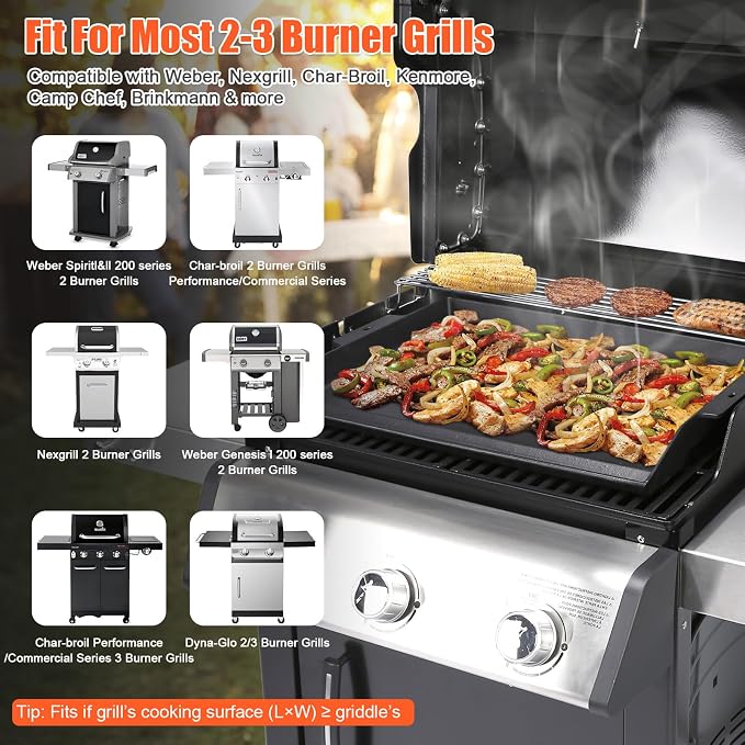 QuliMetal 23 x 16 Inch Cast Iron Griddle for Gas Grills and Stove Tops | Universal flat-top griddle with pre-seasoned coating and X-shaped reinforced base for camping, tailgating and backyard BBQs