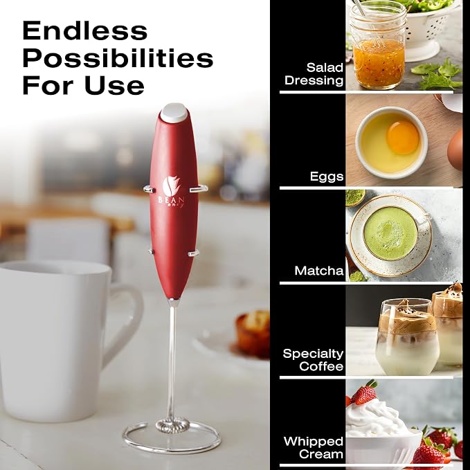Bean Envy Milk Frother Handheld - Coffee Mixer Wand with Stand - Red | Battery Operated, Stainless Steel Whisk, 19000 RPM, Protein Powder Blender, Electric Stirrer, Mini Foamer