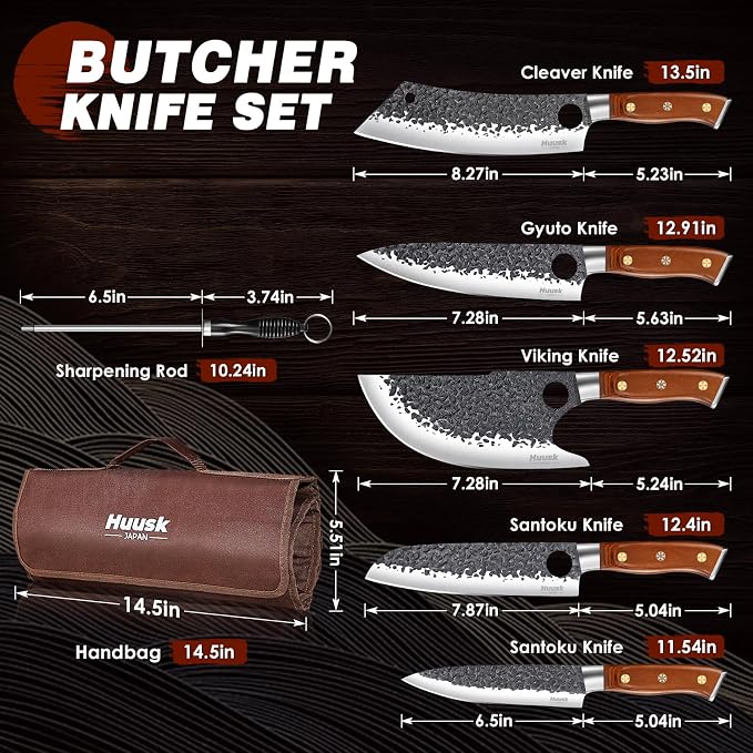 Huusk Butcher Knives for Meat, Hand Forged Carbon Steel Viking Kitchen Knife Set with Roll Bag, Meat Cleaver Chef Knife Sets for Cooking Camping BBQ, Gift for Men Husband | Japanese Craftsmanship, Viking Style, for Home Kitchen Outdoor BBQ Camping, wit...