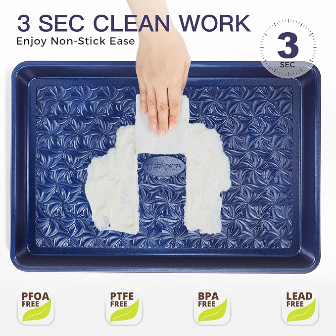 Nonstick Baking Sheet Pan Set of 3, Cookie Sheets for Oven, Non-Toxic, Blue | Half, Quarter & Jelly Roll Pans, Floral Swirl Texture, Heavy-Duty 0.8mm Carbon Steel, Even Heat Distribution